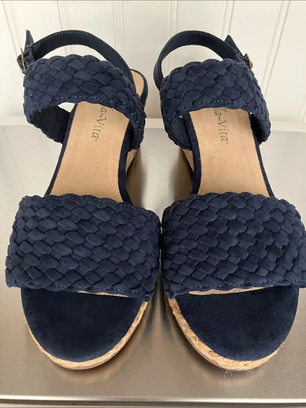 Bella Vita Mariella Navy Woven Espadrille Wedge Slingback Sandals 7.5M